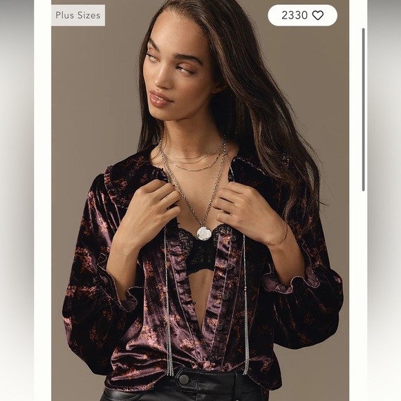 Anthropologie Pilcro Purple Velour Floral Buttoned Relaxed Blouse - Picture 1 of 14